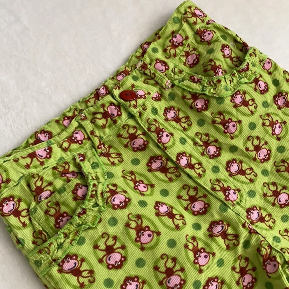 CR Kids | Lightweight Corduroy Wide Leg Monkey Print Pants Green/Brown/Pink (5)